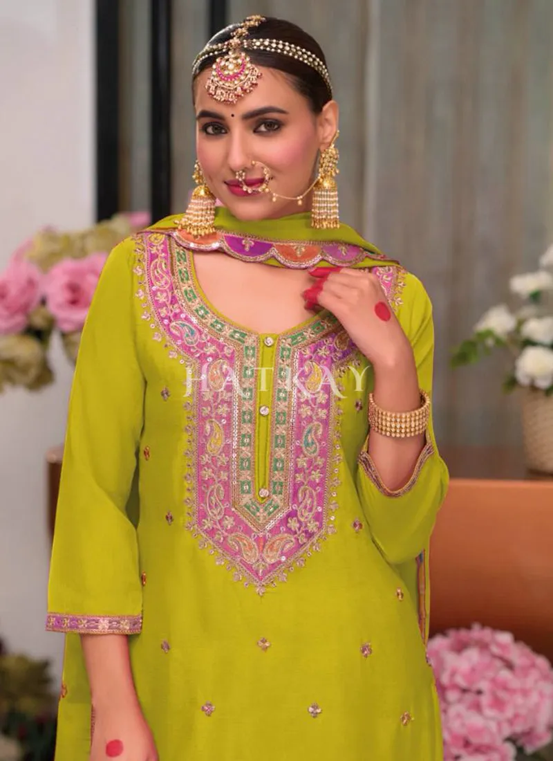 Lime Green Multi Embroidery Palazzo Suit