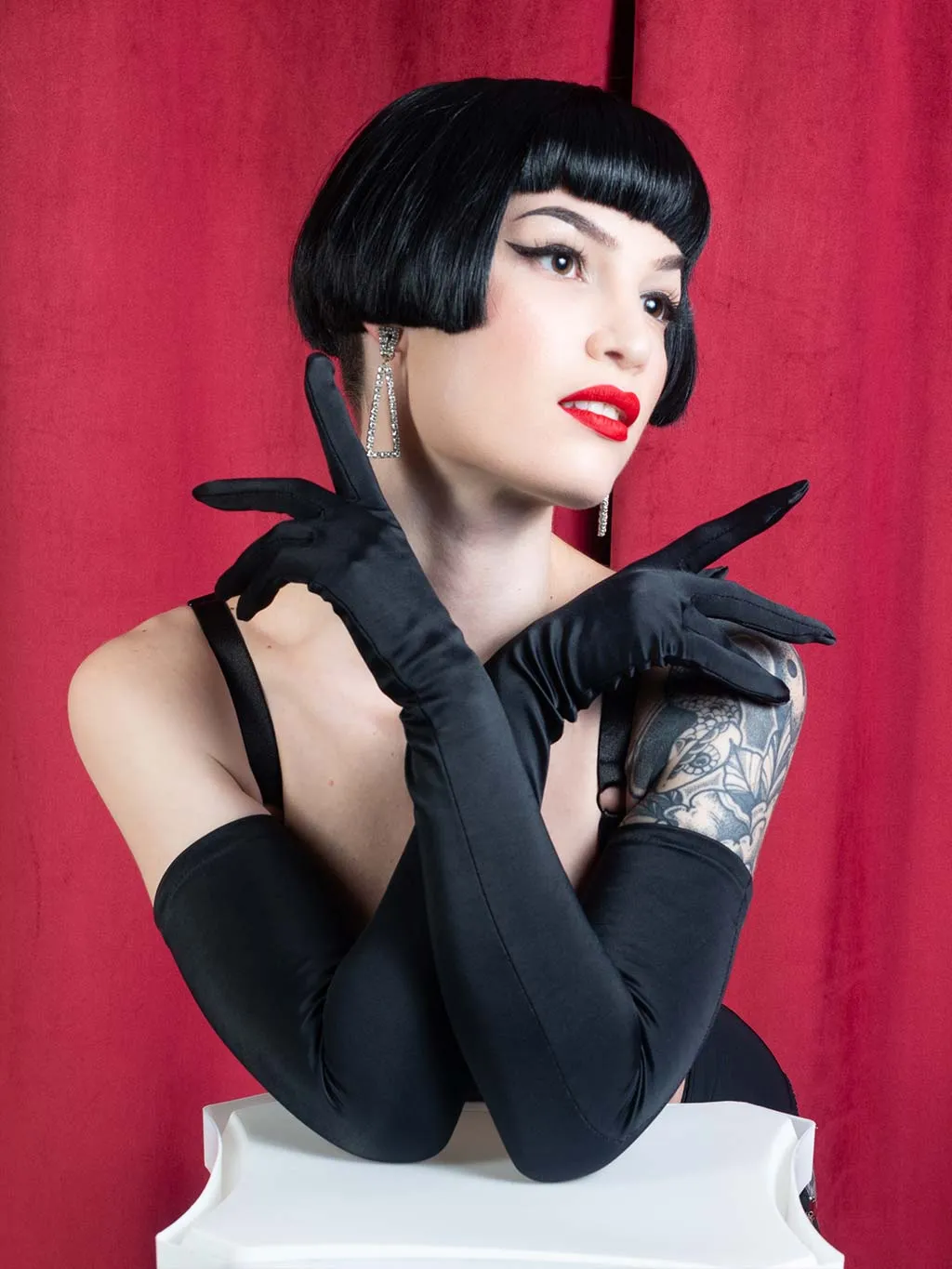 Long Black Satin Gloves