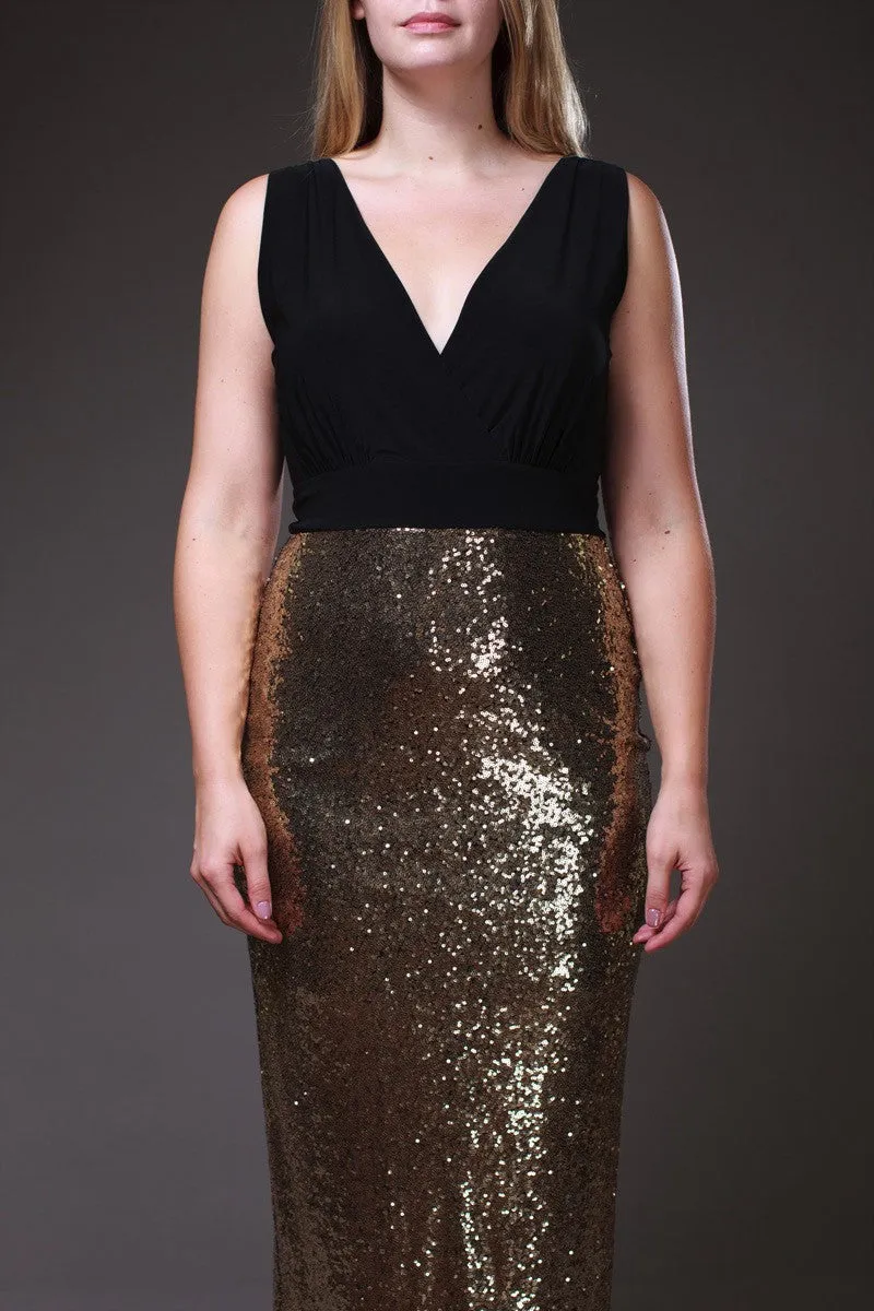 Long Black/Gold Sequins Dress V Neck Wide Straps Spandex