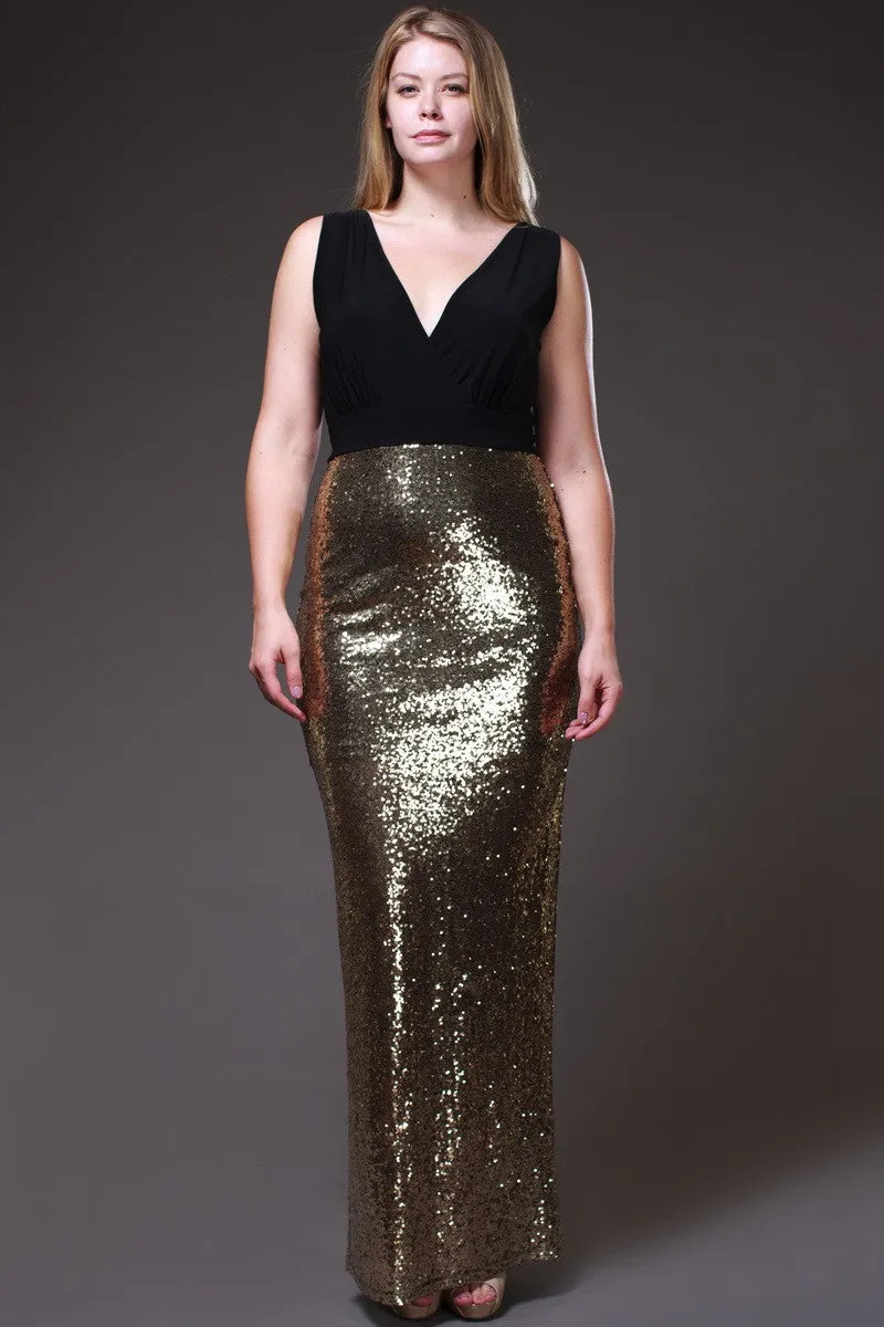 Long Black/Gold Sequins Dress V Neck Wide Straps Spandex