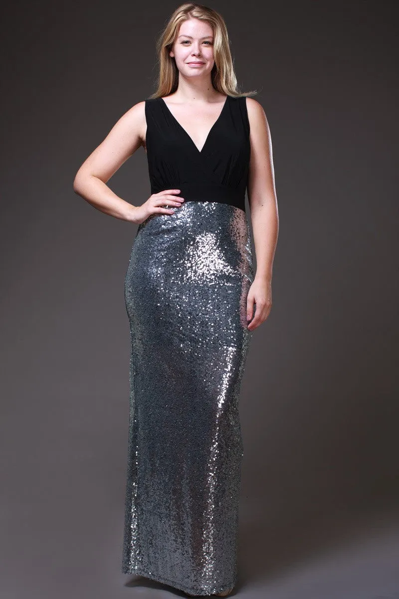 Long Black/Gold Sequins Dress V Neck Wide Straps Spandex