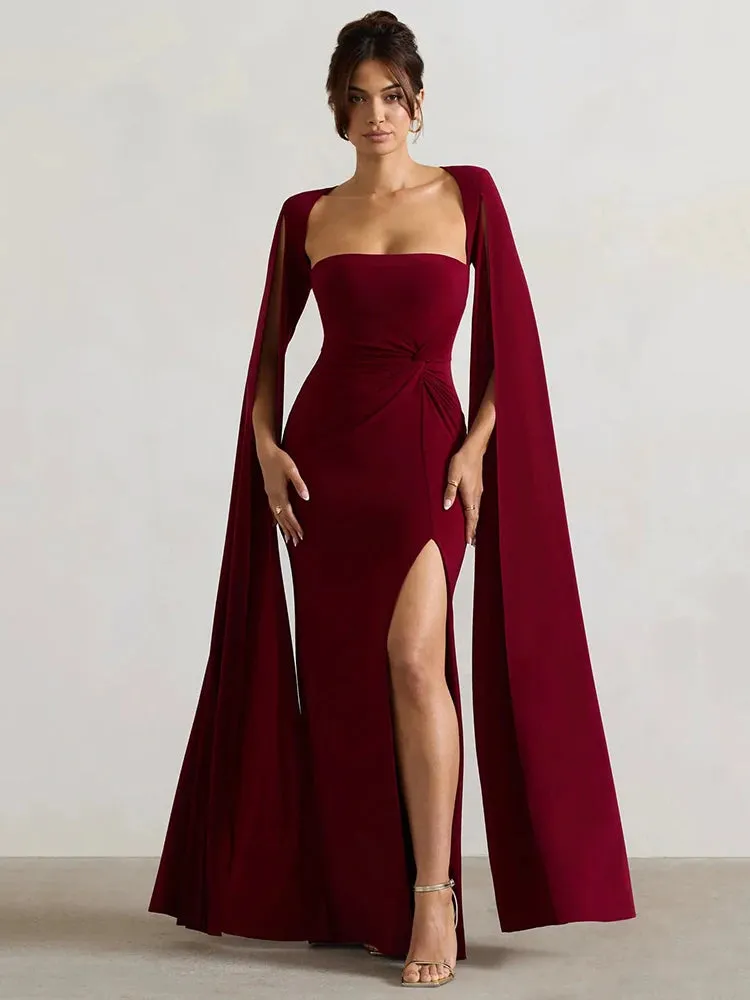 Long Cape Sleeve Split Maxi Dress