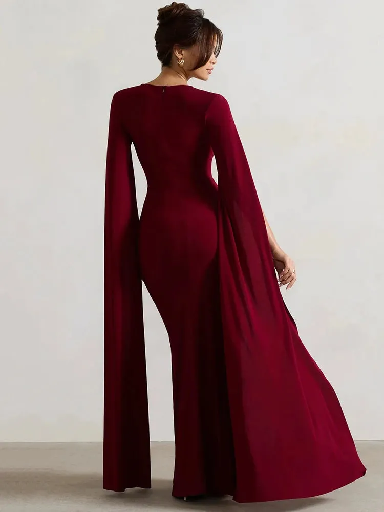 Long Cape Sleeve Split Maxi Dress