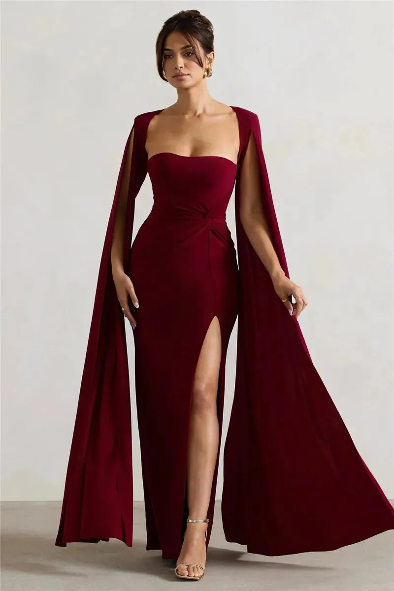 Long Cape Sleeve Split Maxi Dress