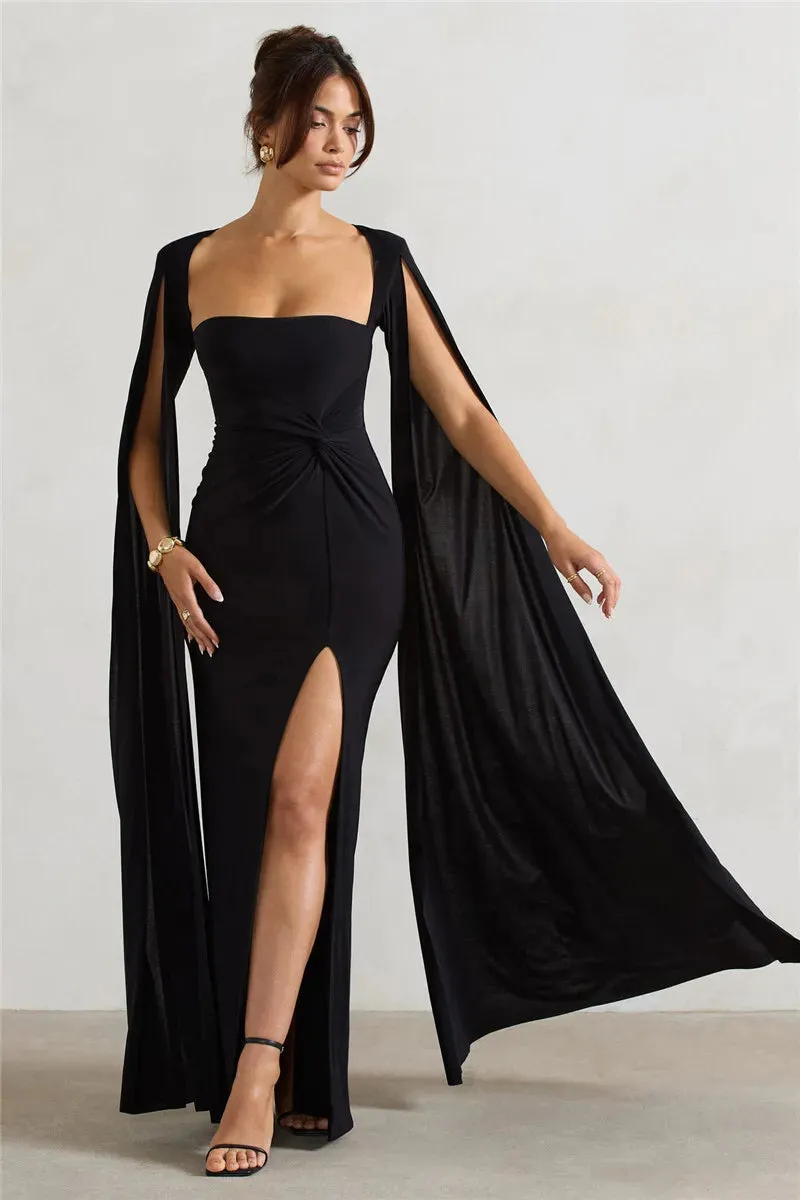 Long Cape Sleeve Split Maxi Dress