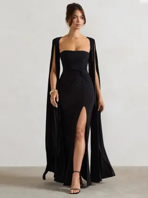 Long Cape Sleeve Split Maxi Dress