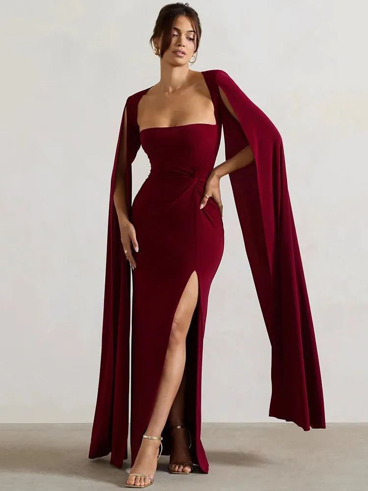 Long Cape Sleeve Split Maxi Dress