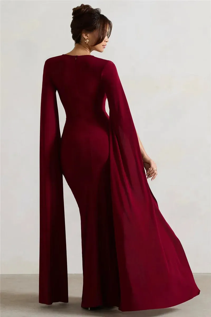 Long Cape Sleeve Split Maxi Dress