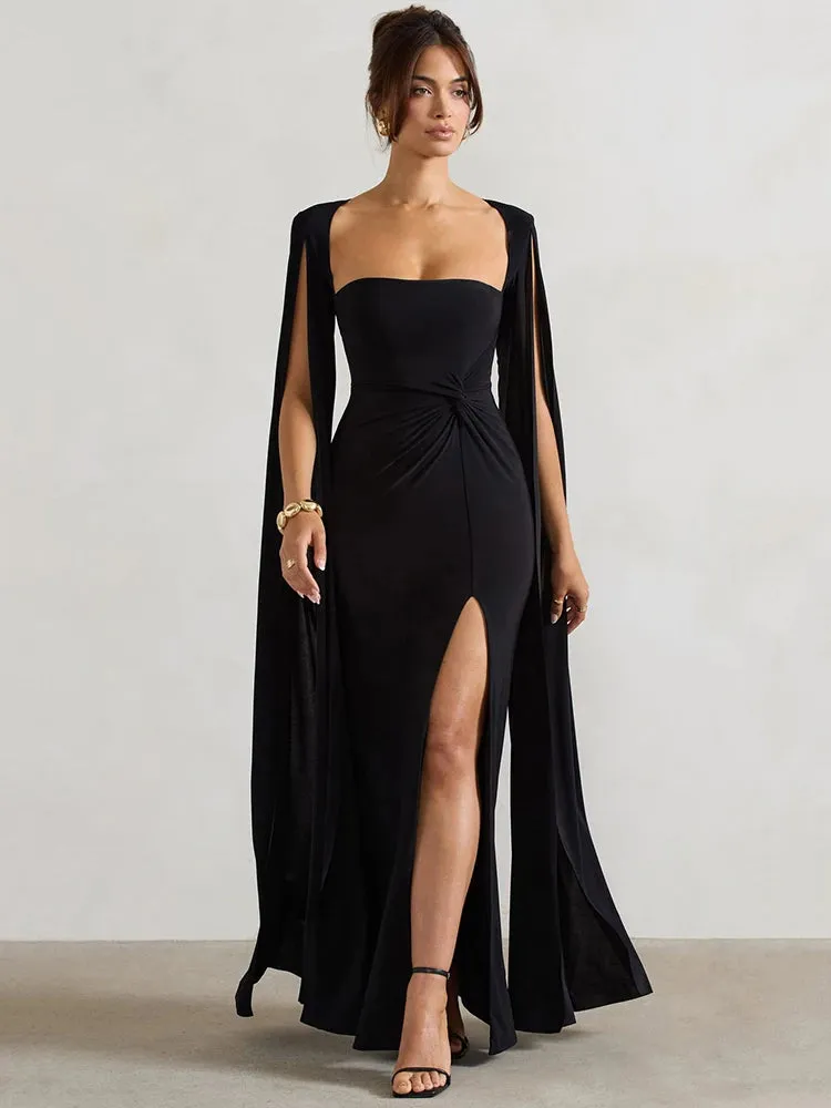 Long Cape Sleeve Split Maxi Dress