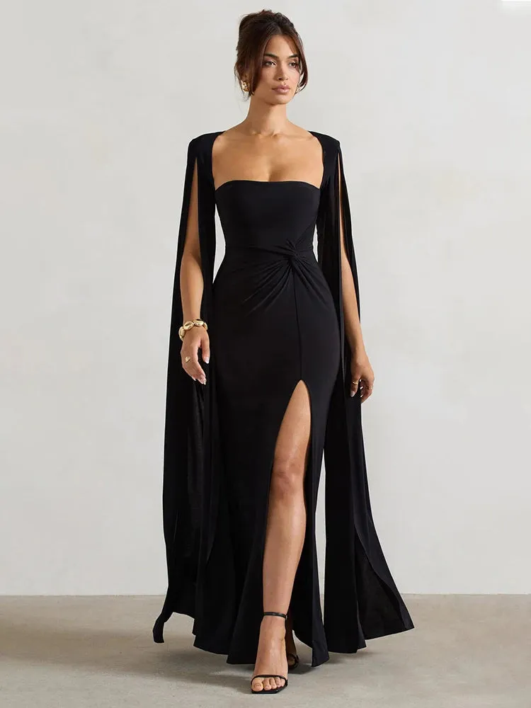 Long Cape Sleeve Split Maxi Dress