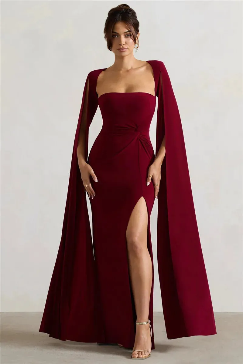 Long Cape Sleeve Split Maxi Dress