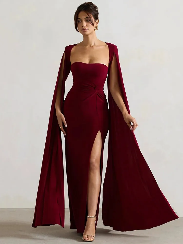 Long Cape Sleeve Split Maxi Dress
