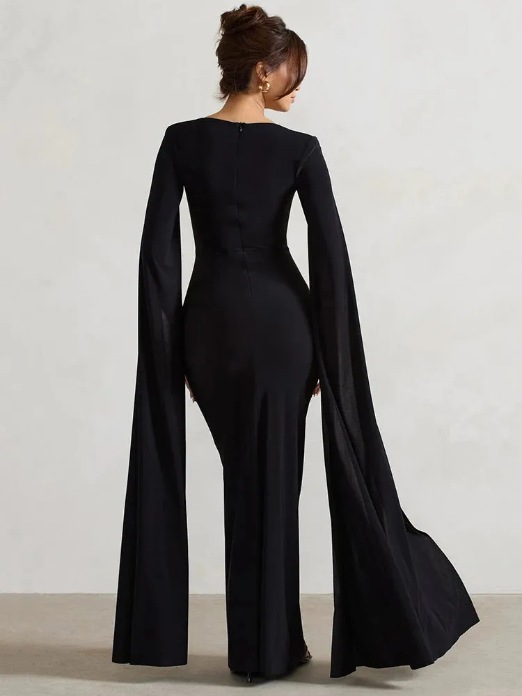 Long Cape Sleeve Split Maxi Dress