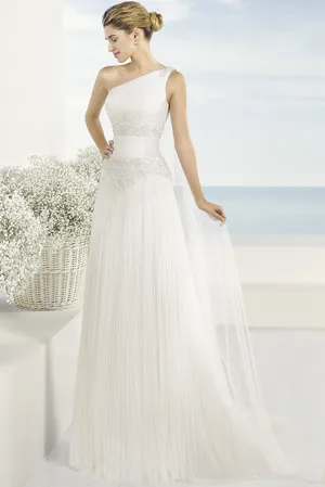 Long One-Shoulder Appliqued Tulle Wedding Dress With Pleats-MK_700715