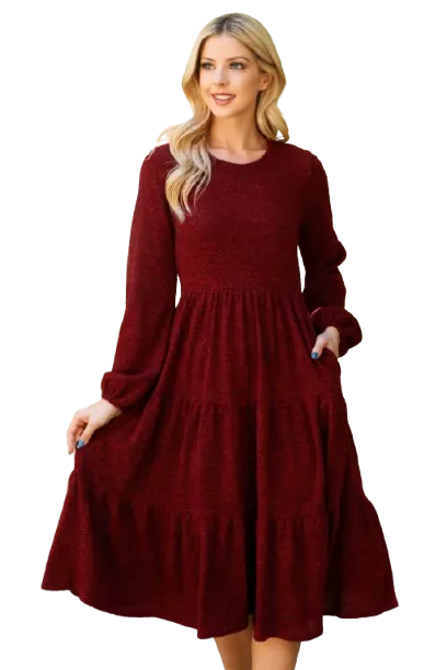 Long Puff Sleeve Elastic Waist Jacquard Knit Tiered Dress Wine - Pack of 6