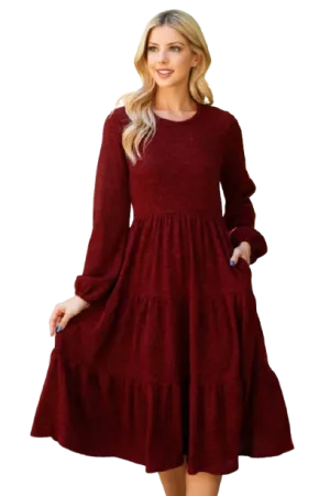 Long Puff Sleeve Elastic Waist Jacquard Knit Tiered Dress Wine - Pack of 6