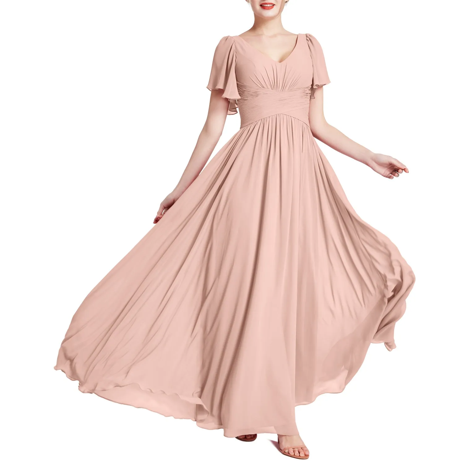 MACloth Women Short Sleeve V Neck Romantic Wedding Party Bridesmaid Dresses