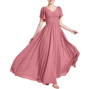 MACloth Women Short Sleeve V Neck Romantic Wedding Party Bridesmaid Dresses