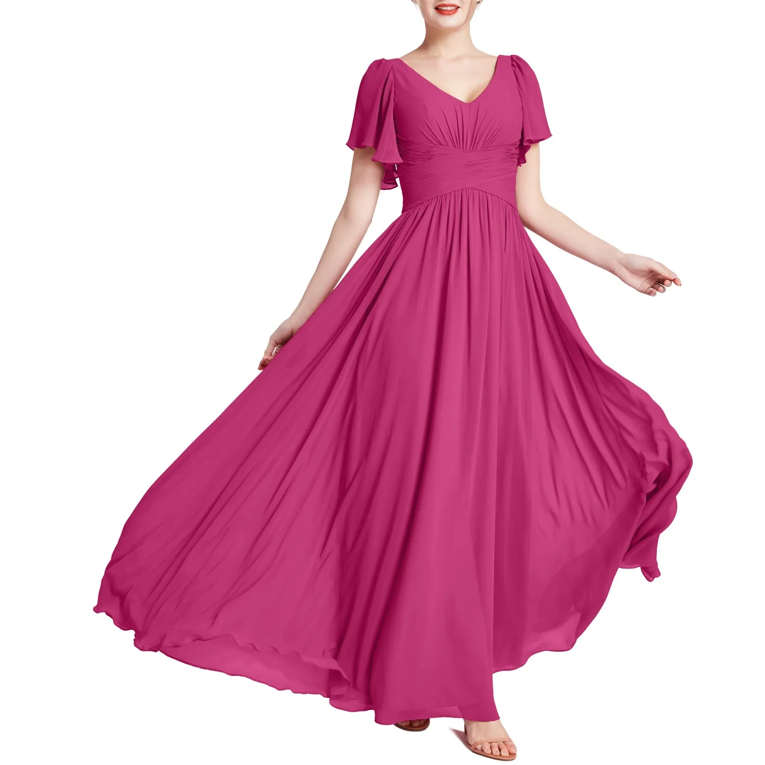 MACloth Women Short Sleeve V Neck Romantic Wedding Party Bridesmaid Dresses