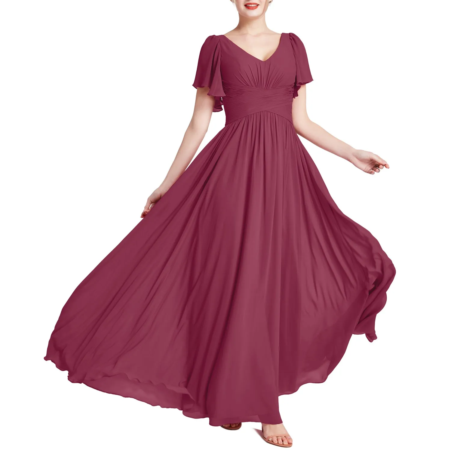 MACloth Women Short Sleeve V Neck Romantic Wedding Party Bridesmaid Dresses