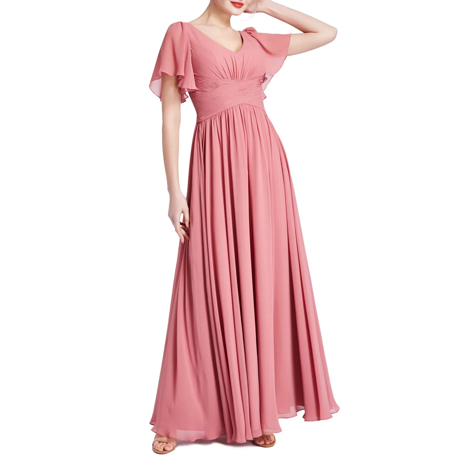 MACloth Women Short Sleeve V Neck Romantic Wedding Party Bridesmaid Dresses