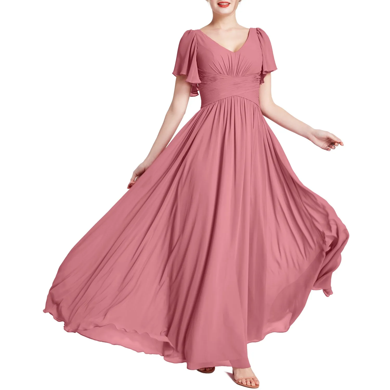 MACloth Women Short Sleeve V Neck Romantic Wedding Party Bridesmaid Dresses