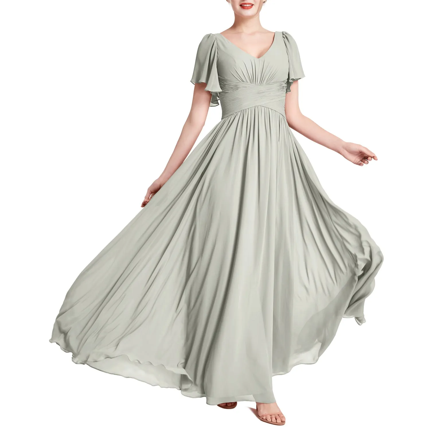MACloth Women Short Sleeve V Neck Romantic Wedding Party Bridesmaid Dresses