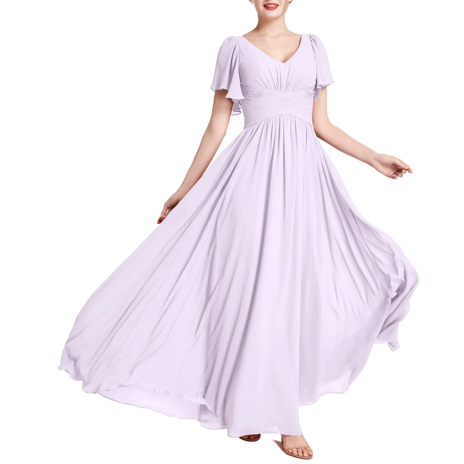 MACloth Women Short Sleeve V Neck Romantic Wedding Party Bridesmaid Dresses