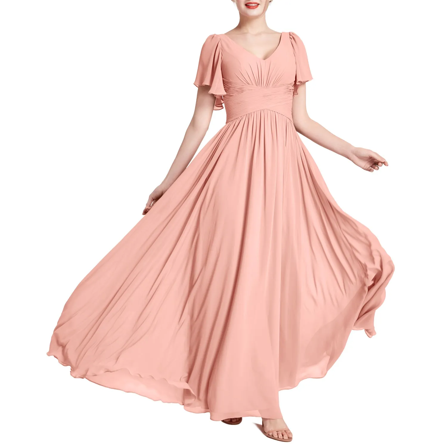 MACloth Women Short Sleeve V Neck Romantic Wedding Party Bridesmaid Dresses