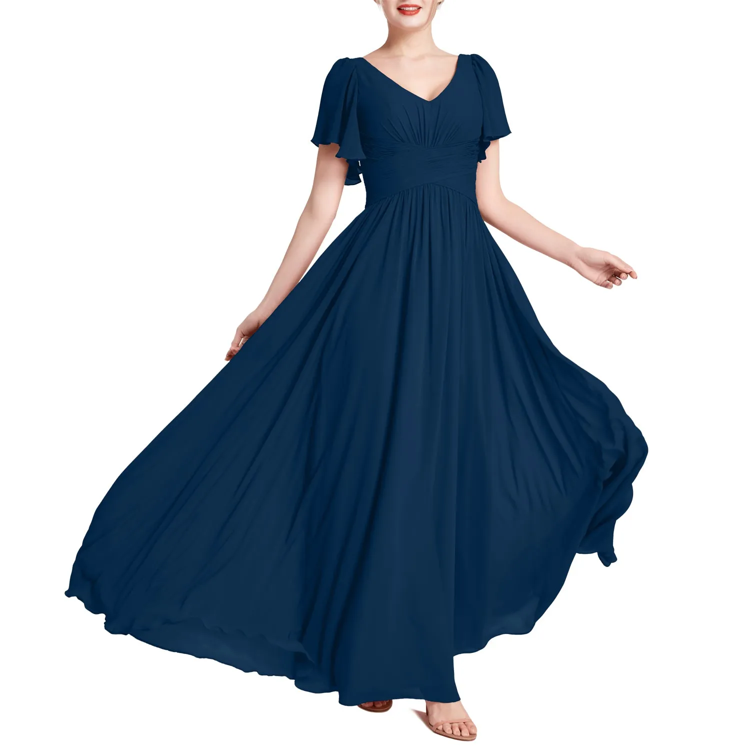 MACloth Women Short Sleeve V Neck Romantic Wedding Party Bridesmaid Dresses