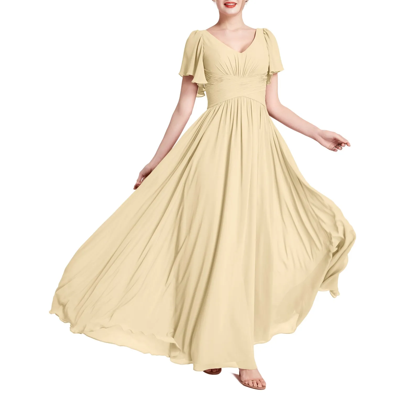 MACloth Women Short Sleeve V Neck Romantic Wedding Party Bridesmaid Dresses