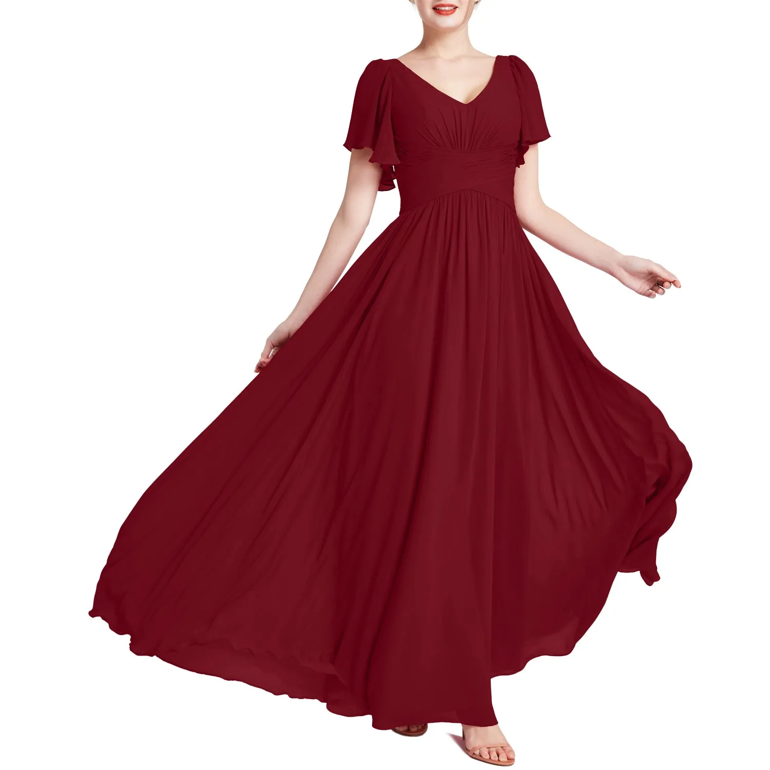 MACloth Women Short Sleeve V Neck Romantic Wedding Party Bridesmaid Dresses