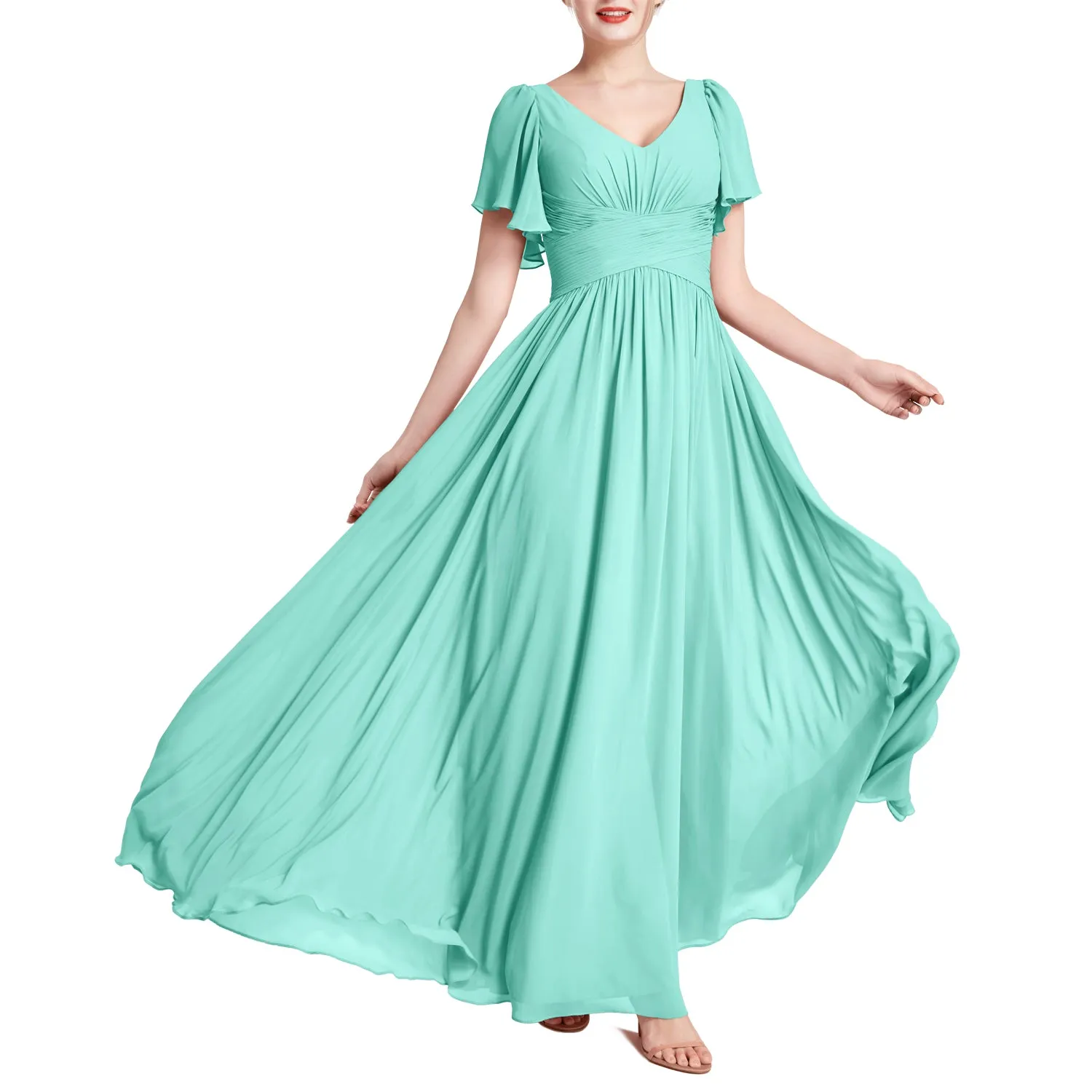 MACloth Women Short Sleeve V Neck Romantic Wedding Party Bridesmaid Dresses
