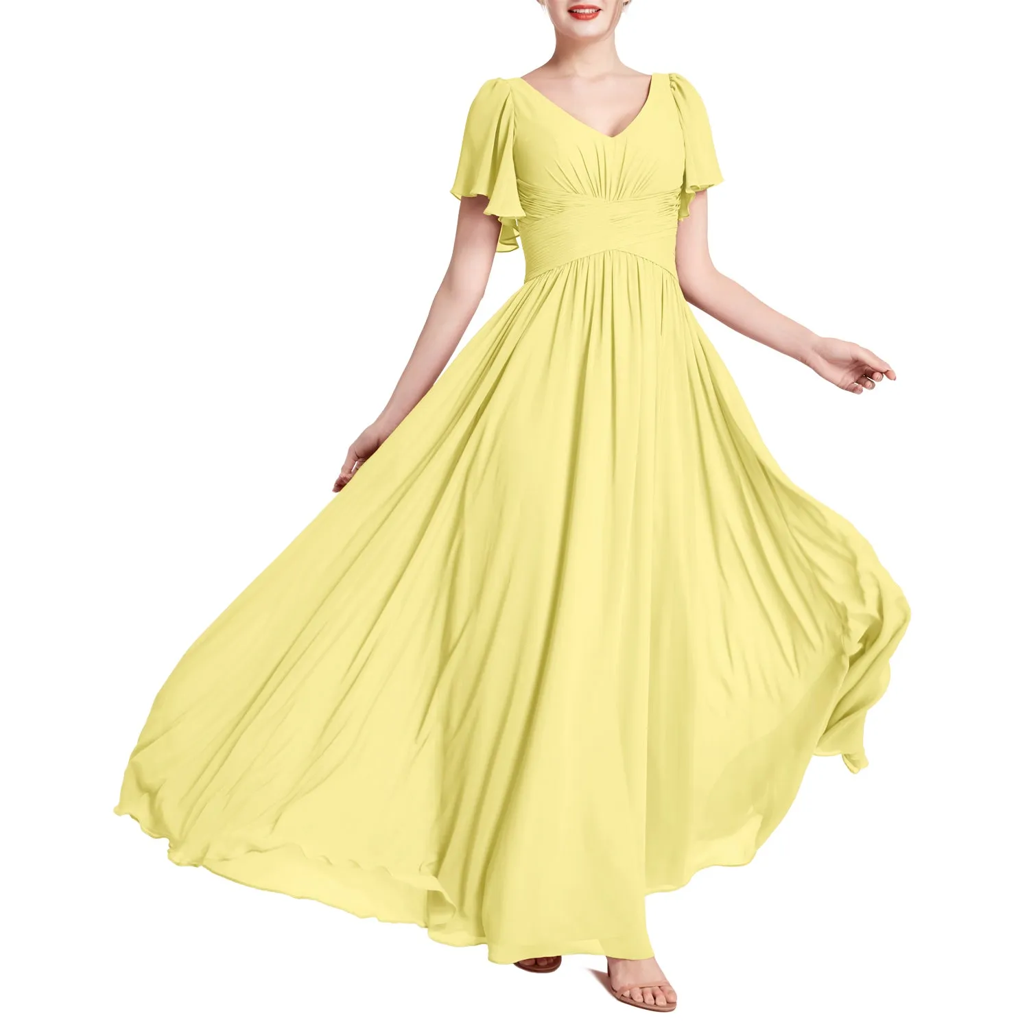 MACloth Women Short Sleeve V Neck Romantic Wedding Party Bridesmaid Dresses