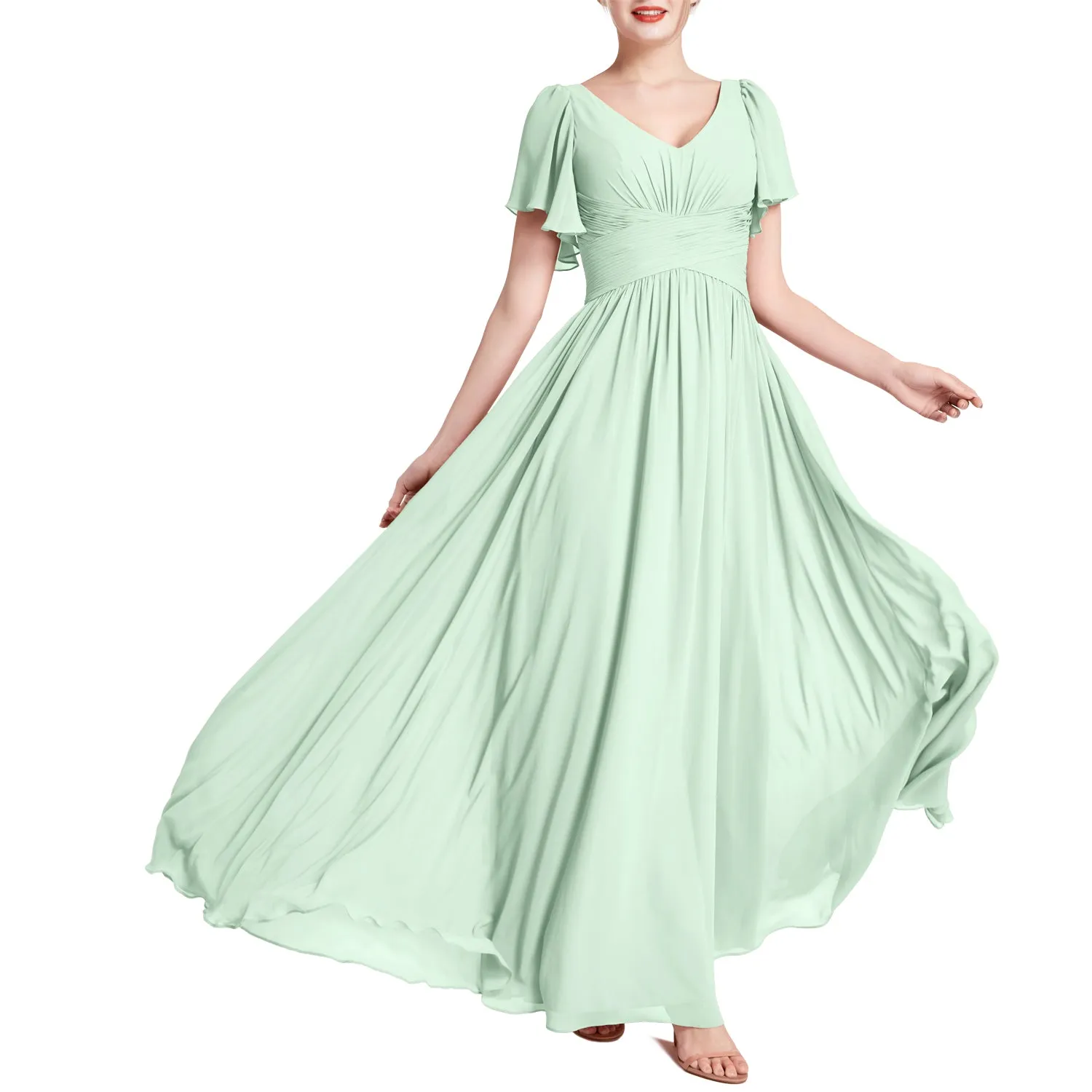 MACloth Women Short Sleeve V Neck Romantic Wedding Party Bridesmaid Dresses