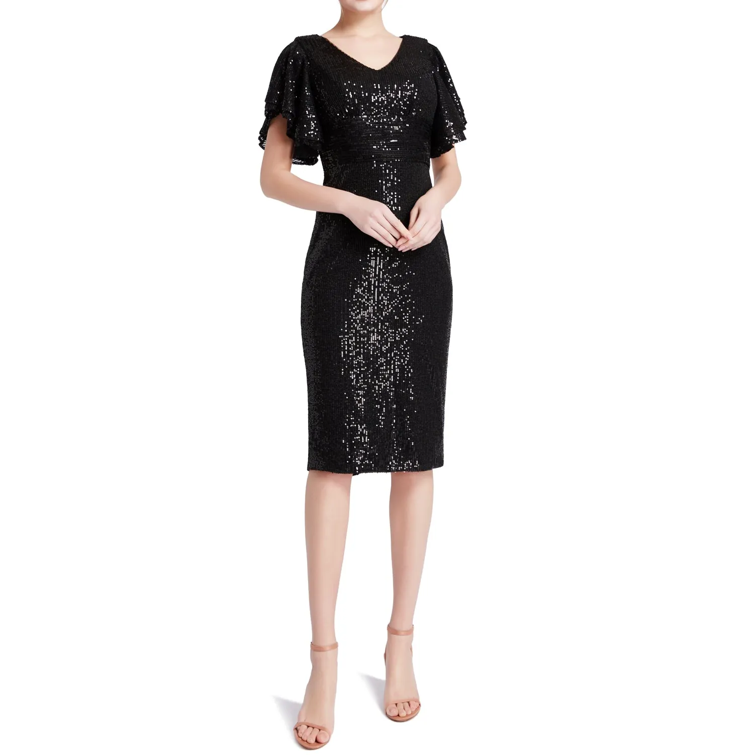 MACloth Women V Neck Ruffled Angel Sleeves Empire Short Sequin Cocktail Dresses