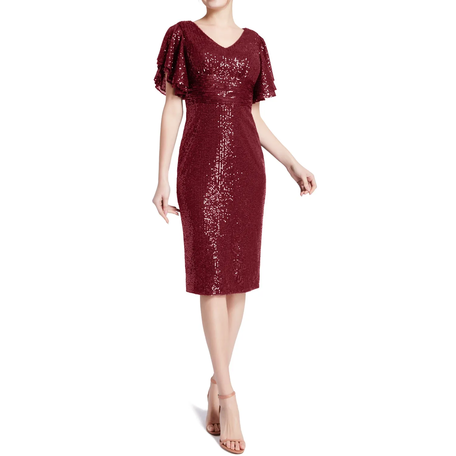 MACloth Women V Neck Ruffled Angel Sleeves Empire Short Sequin Cocktail Dresses