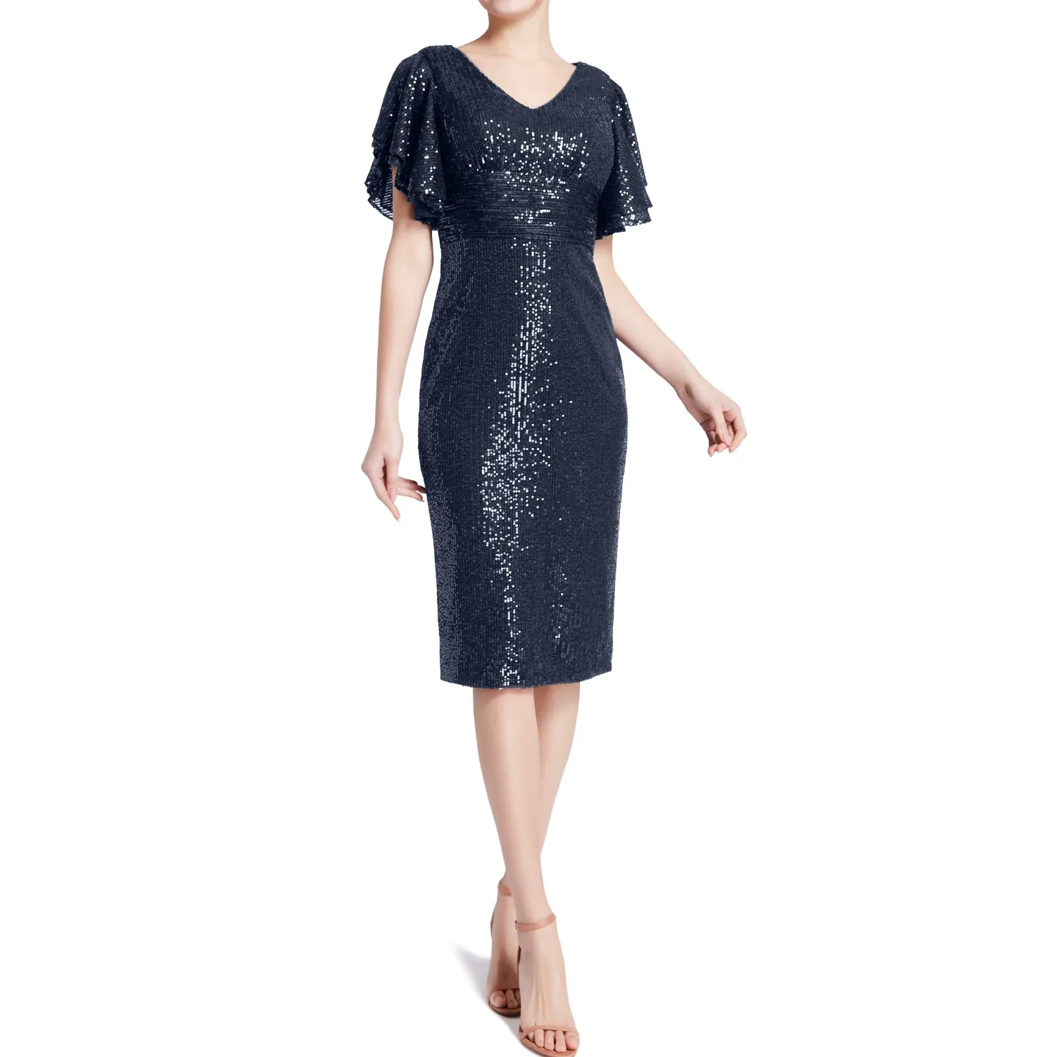 MACloth Women V Neck Ruffled Angel Sleeves Empire Short Sequin Cocktail Dresses