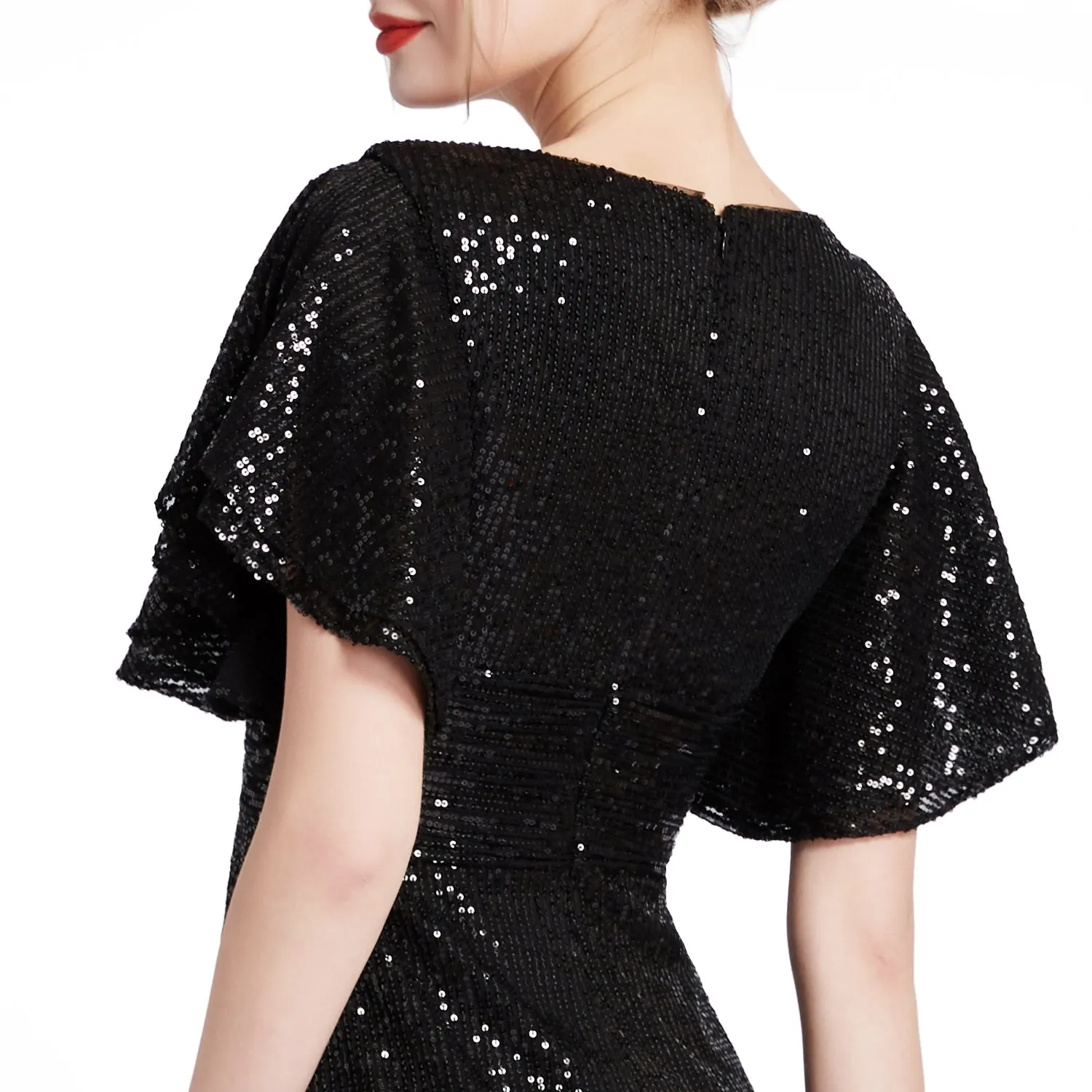 MACloth Women V Neck Ruffled Angel Sleeves Empire Short Sequin Cocktail Dresses
