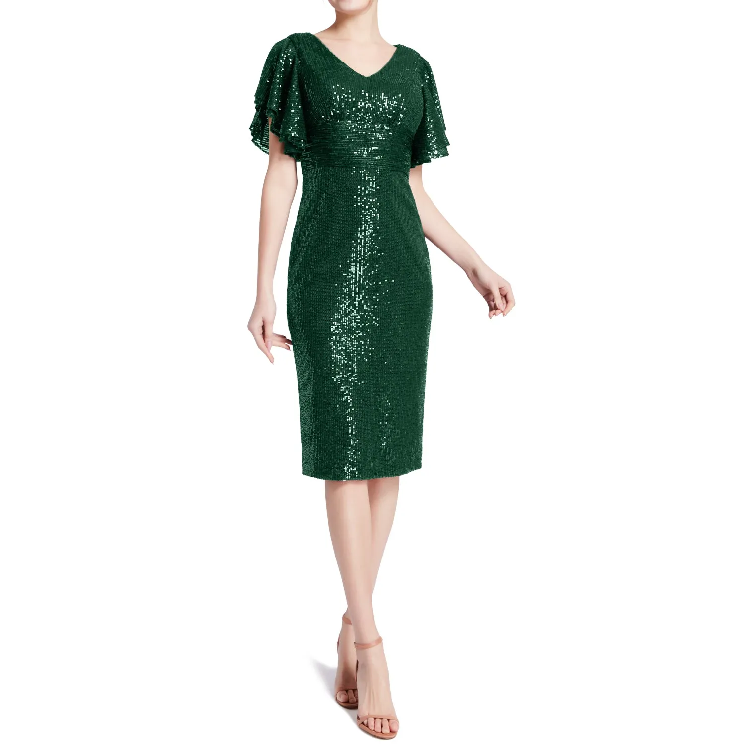 MACloth Women V Neck Ruffled Angel Sleeves Empire Short Sequin Cocktail Dresses