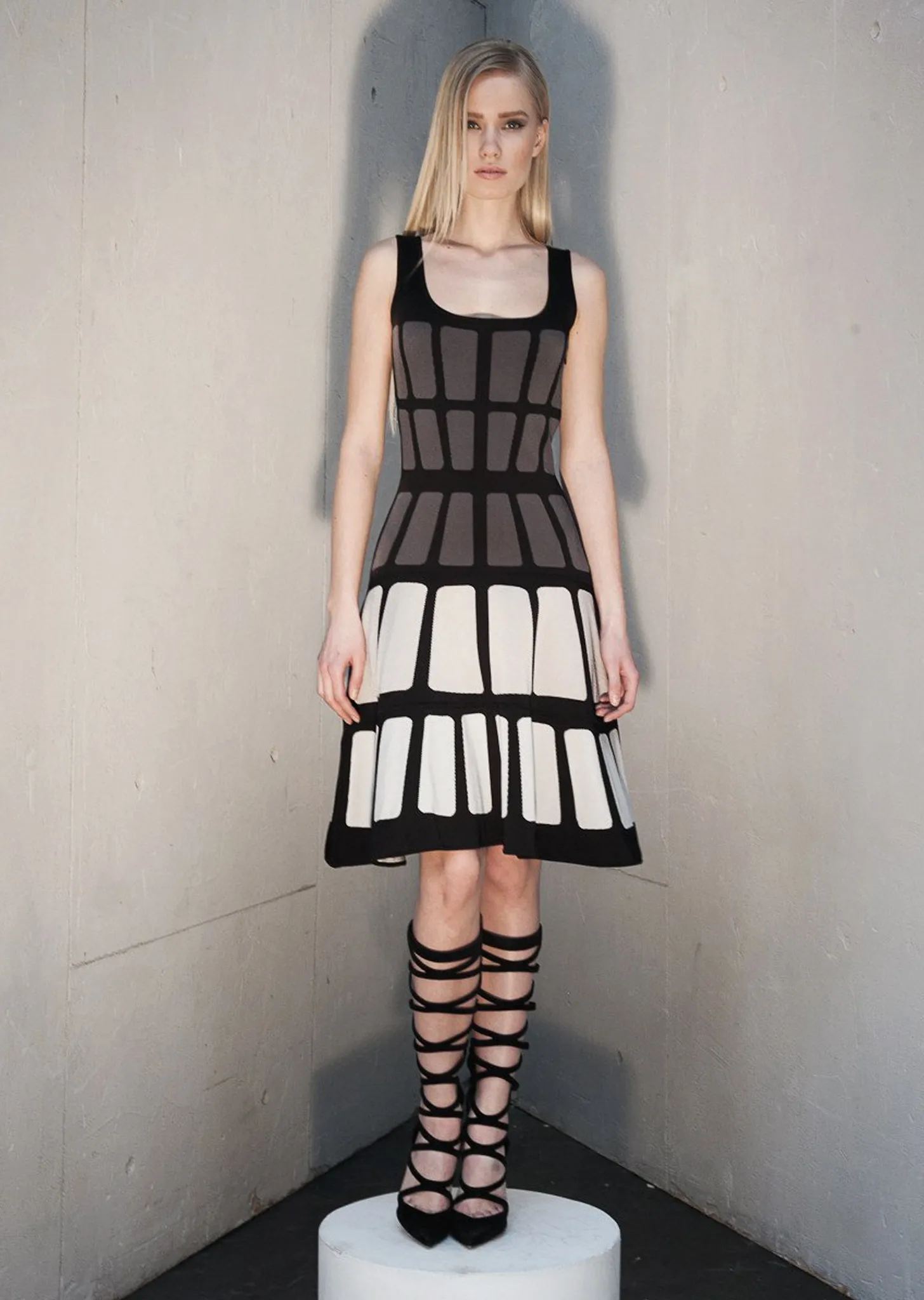 Margaux - Eye Catching, Sleeveless Grey and White Dress with Black Detail
