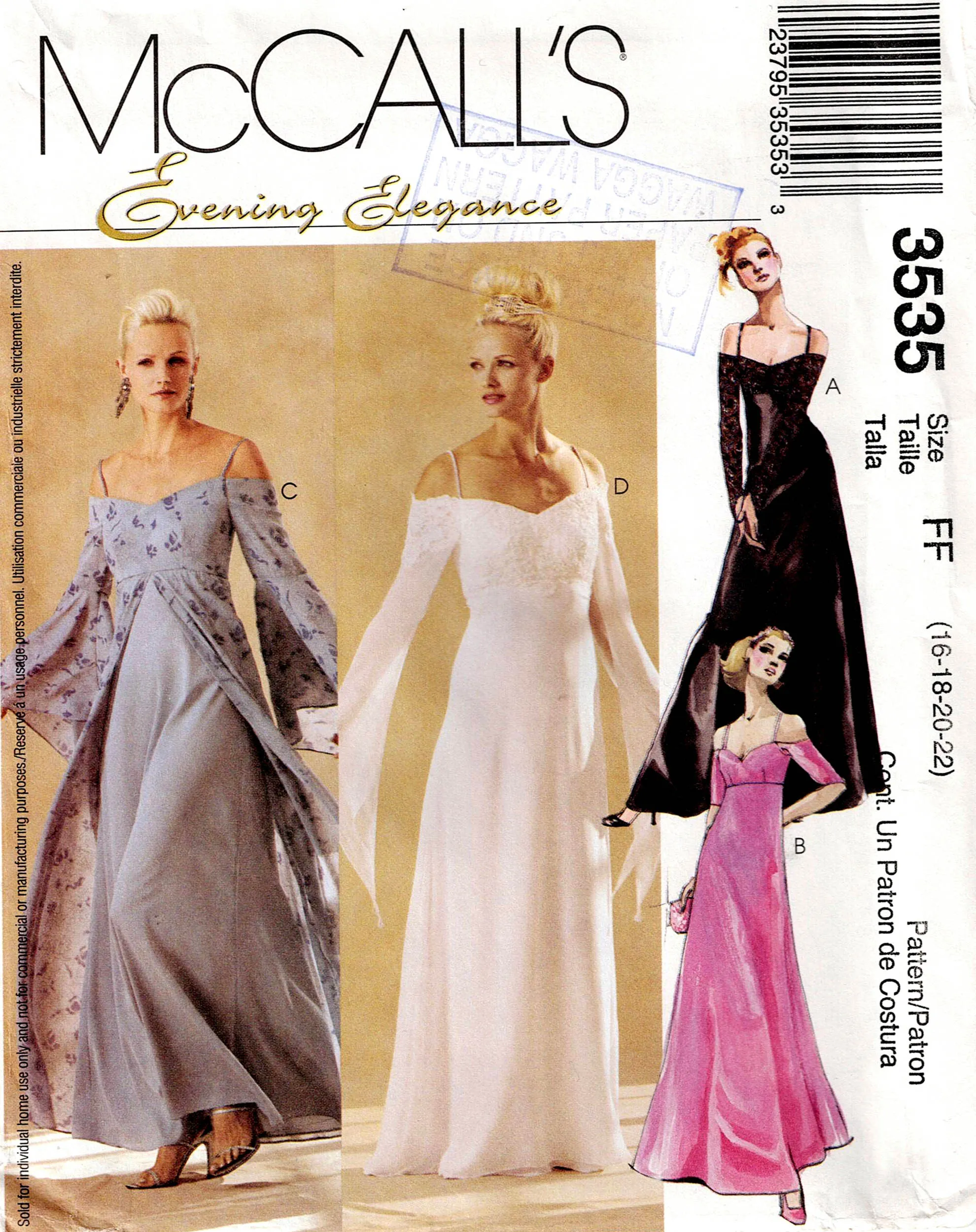 McCall's 3535 EVENING ELEGANCE Womens Empire Waisted Evening Formal Prom Gown with Overskirt Out Of Print Sewing Pattern Sizes 10 - 14 or 16 - 22 UNCUT Factory Folded