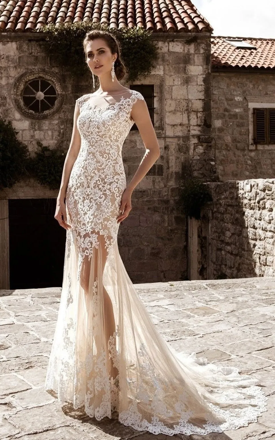 Mermaid Lace Tulle Sleeveless Wedding Dress with Removable Skirt Country Garden Bateau Modest Elegant Romantic-716822