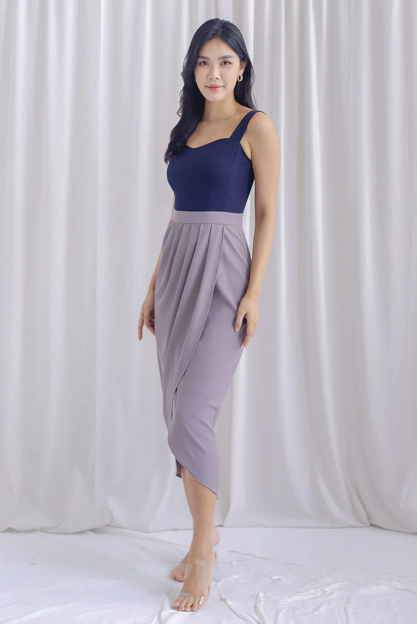 Mikaela Tulip Colourblock Work Dress In Grey/Navy