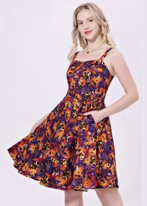 Miss Lulo Kyla Black Cats & Witches 50's Swing Dress Purple