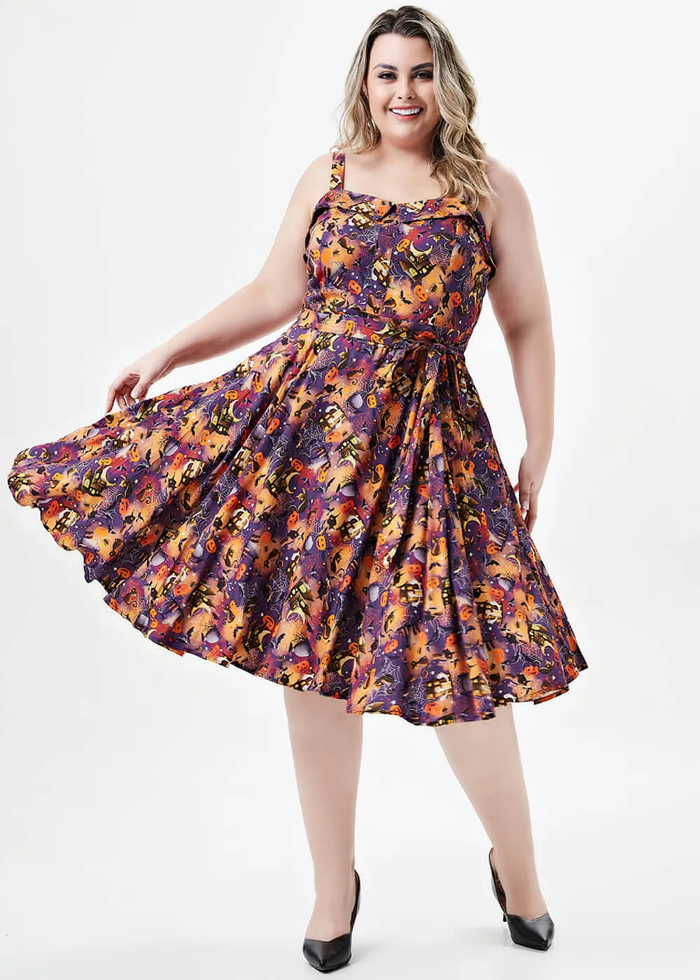 Miss Lulo Kyla Black Cats & Witches 50's Swing Dress Purple