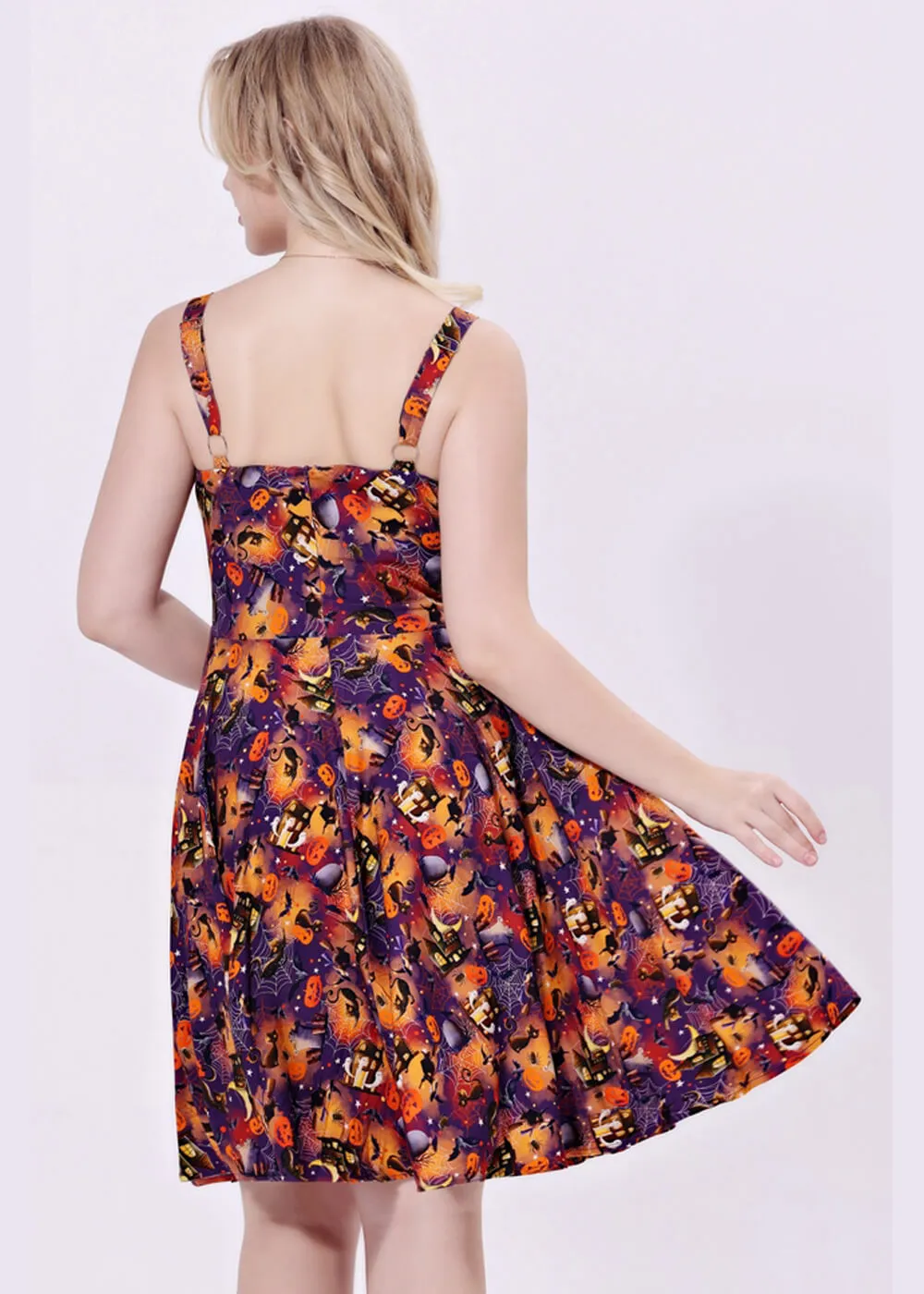 Miss Lulo Kyla Black Cats & Witches 50's Swing Dress Purple
