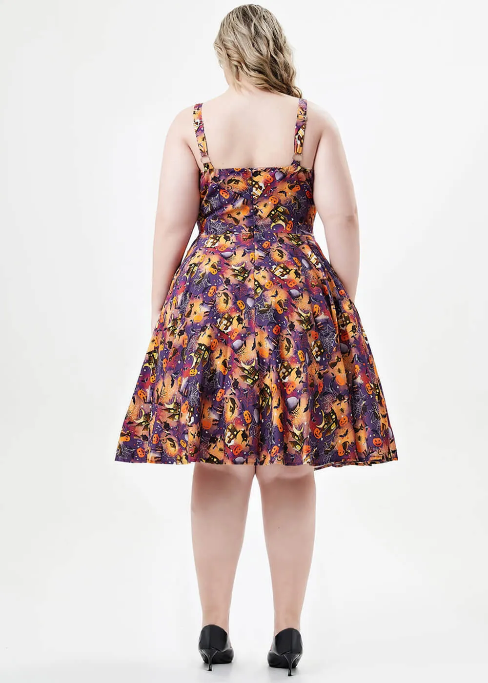 Miss Lulo Kyla Black Cats & Witches 50's Swing Dress Purple