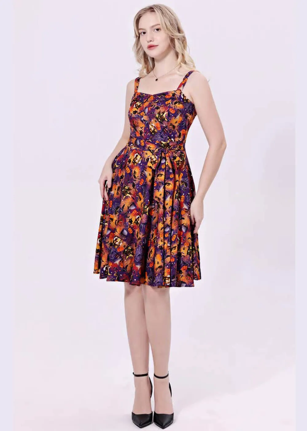 Miss Lulo Kyla Black Cats & Witches 50's Swing Dress Purple