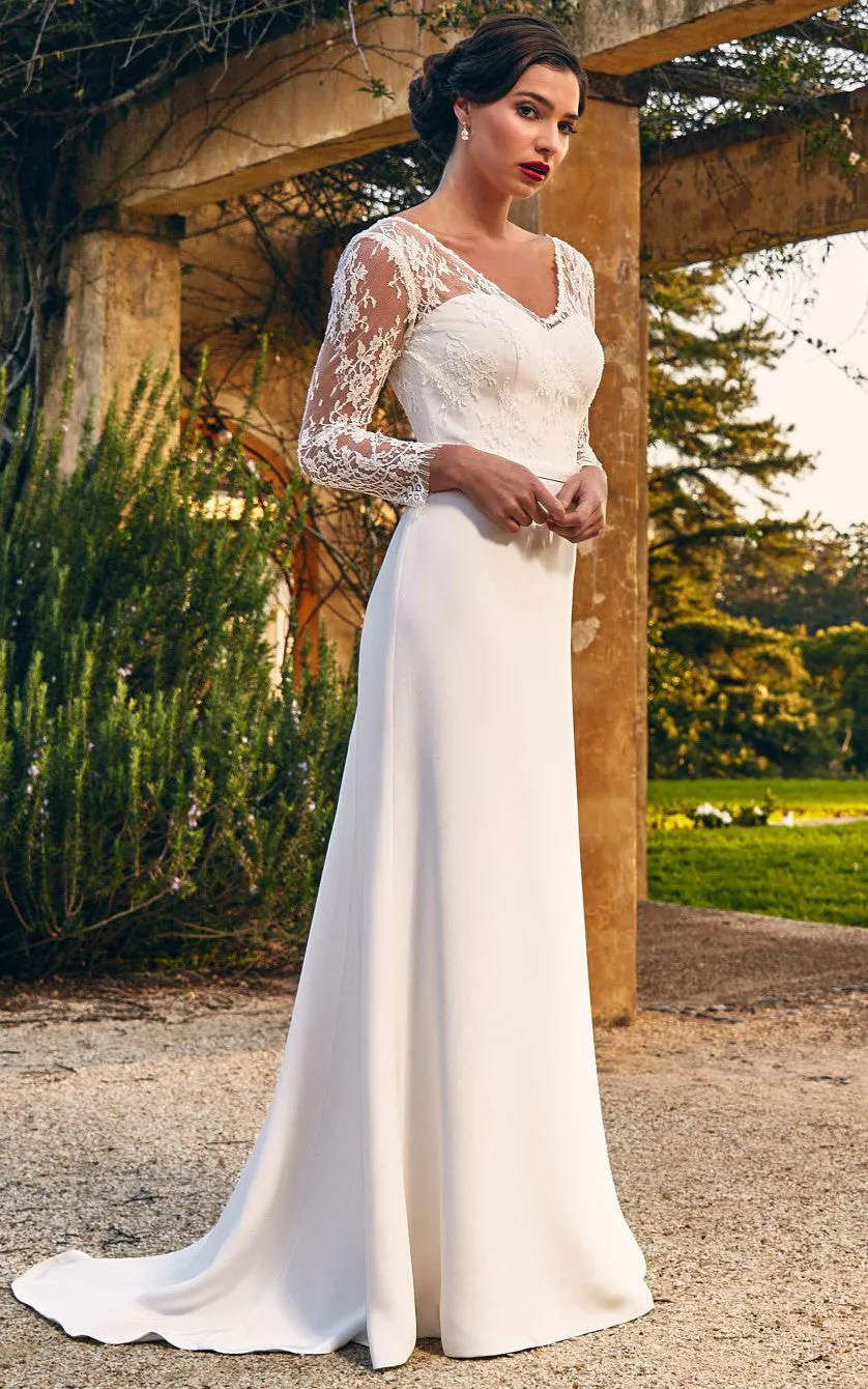 Modest Elegant Lace Satin Sheath V-neck Sweep Train Deep-V Back Wedding Dress-715956